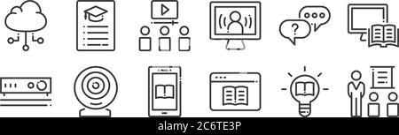 12 icônes d'apprentissage en ligne linéaires. icônes de contour mince telles que la formation, l'apprentissage en ligne, webcam, chat, vidéo conférence, menu pour le web, mobile Illustration de Vecteur