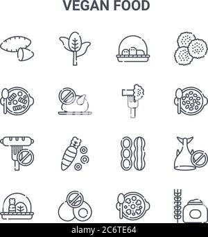 ensemble de 16 icônes de la ligne vectorielle de concept alimentaire végétalien. icônes 64x64 à trait fin telles que les épinards, les pâtes, les graines, les arachides, sans oeuf, les grains, les champignons, le brocoli, le le Illustration de Vecteur