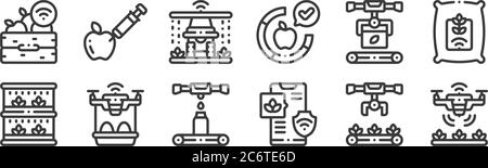 12 ensembles d'icônes linéaires intelligentes de ferme. icônes minces de contour comme le drone intelligent, ferme intelligente, drone, convoyeur, arrosage, gmo pour web, mobile Illustration de Vecteur