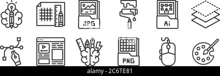 12 ensemble d'icônes de conception graphique linéaire. icônes de contour mince telles que palette de couleurs, fichier png, mise en page, fichier ai, fichier jpg, lignes de grille pour le web, mobile Illustration de Vecteur