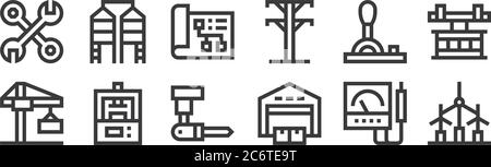 12 ensemble d'icônes de processus industriel linéaire. icônes de contour mince telles que éolienne, entrepôt, presse, levier, plan, silo pour web, mobile Illustration de Vecteur