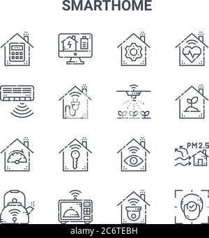 jeu de 16 icônes de ligne vectorielle de concept smarthome. icônes 64x64 à trait fin telles que l'énergie, la climatisation, l'éco-maison, le moniteur, le micro-ondes, le reconnaissance faciale Illustration de Vecteur