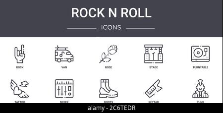 rock n roll concept line icons set. contient des icônes utilisables pour le web, le logo, ui/ux tels que van, stage, tatouage, bottes, keytar, punk, plateau tournant, rose Illustration de Vecteur