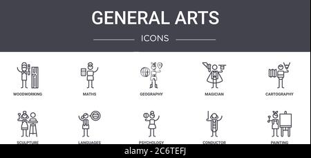 jeu d'icônes de ligne de concept d'arts généraux. contient des icônes utilisables pour le web, le logo, ui/ux tels que les mathématiques, magicien, sculpture, psychologie, chef d'orchestre, peinture, c Illustration de Vecteur