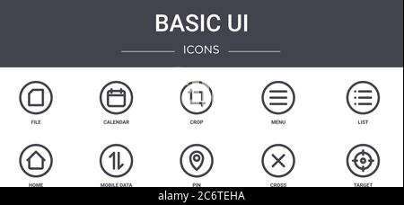 jeu d'icônes de ligne de concept d'interface utilisateur de base. contient des icônes utilisables pour le web, le logo, l'interface utilisateur/ux telles que le calendrier, le menu, l'accueil, l'épingle, la croix, la cible, la liste, le recadrage Illustration de Vecteur