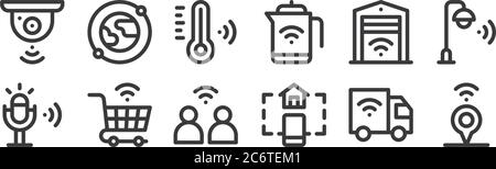 12 ensemble d'icônes linéaires d'internet des objets. icônes de contour mince telles que l'emplacement, le contrôle de la maison, le panier, le garage intelligent, la température intelligente, satellit Illustration de Vecteur