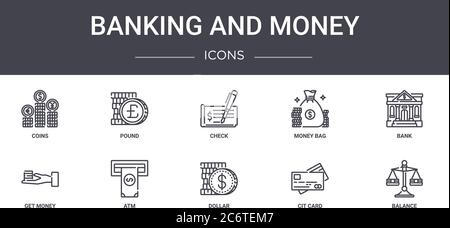 jeu d'icônes de ligne de concept de banque et d'argent. contient des icônes utilisables pour le web, le logo, l'interface utilisateur/ux tels que la livre, sac d'argent, obtenir de l'argent, dollar, carte de cit, balance, b Illustration de Vecteur
