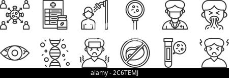 12 ensembles d'icônes linéaires de coronavirus. icônes de contour mince telles que maux de tête, pas de viande, chaîne d'adn, paramédic, douche, prescription pour le web, mobile Illustration de Vecteur