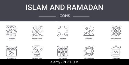 jeu d'icônes de la ligne de concept islam et ramadan. contient des icônes utilisables pour le web, le logo, ui/ux tels que la décoration, le soir, le calendrier, le calendrier, la décoration, zam Illustration de Vecteur