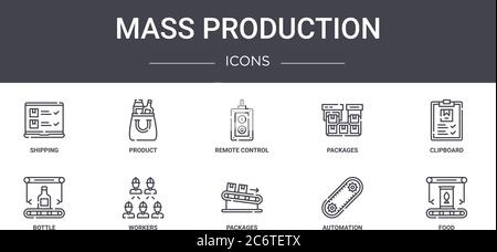 ensemble d'icônes de la ligne de concept de production de masse. contient des icônes utilisables pour le web, le logo, l'interface utilisateur/ux, comme le produit, les emballages, les bouteilles, les emballages, l'automatisation, la nourriture, le clip Illustration de Vecteur