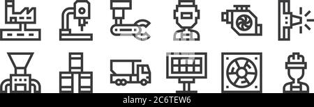 12 icônes linéaires de processus industriel. icônes de contour mince telles que l'ingénieur, le panneau solaire, le baril d'huile, le moteur, le robot industriel, le foret pour le web, mobi Illustration de Vecteur