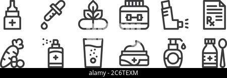 12 ensemble d'icônes de médecine linéaire. icônes de contour mince telles que sirop, crème, aérosol, inhalateur, naturel, gouttes pour le web, mobile Illustration de Vecteur