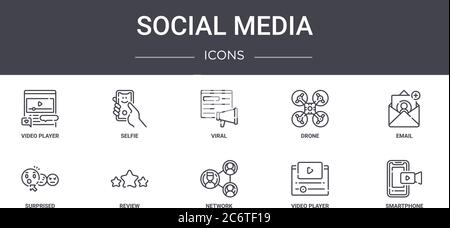 jeu d'icônes de ligne de concept de médias sociaux. contient des icônes utilisables pour le web, le logo, l'interface utilisateur/ux tels que selfie, drone, surpris, réseau, lecteur vidéo, smartphone, e Illustration de Vecteur