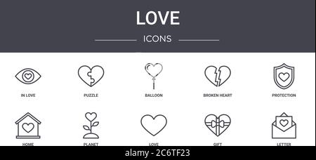 ensemble d'icônes de ligne de concept d'amour. contient des icônes utilisables pour le web, le logo, ui/ux tels que puzzle, coeur brisé, maison, amour, cadeau, lettre, protection, ballon Illustration de Vecteur