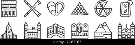 12 ensembles d'icônes linéaires d'europe. icônes à contour mince telles que l'église, bryggen, château de bratislava, pizza, moule, trompette pour web, mobile Illustration de Vecteur