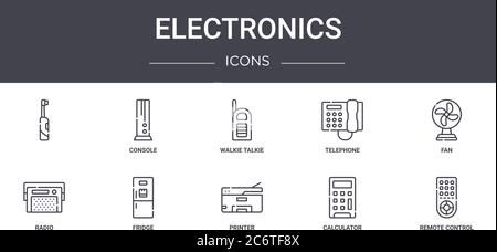 jeu d'icônes de ligne de concept électronique. contient des icônes utilisables pour le web, le logo, l'interface utilisateur/ux comme la console, le téléphone, la radio, l'imprimante, la calculatrice, la télécommande, Illustration de Vecteur