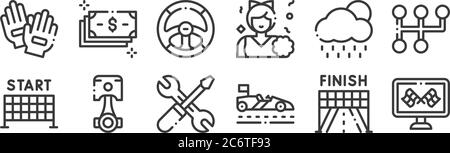 12 ensemble d'icônes linéaires à suivi automatique. icônes de contour mince telles que course, course, piston, pluie, volant de direction, argent pour le web, mobile Illustration de Vecteur