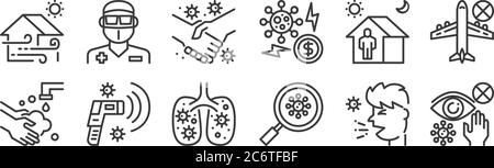 12 ensemble d'icônes linéaires du coronavirus. icônes à contour fin telles que les yeux, la loupe, le thermomètre, la quarantaine, le contrat, le médecin pour le web, mobile Illustration de Vecteur