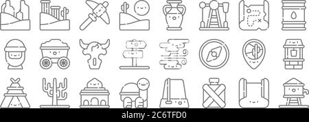 icônes de ligne désertique. ensemble linéaire. ensemble de lignes vectorielles de qualité telles que réservoir d'eau, cantine, tortue, tente, emplacement, crâne, baril d'huile, amphora, ruines Illustration de Vecteur