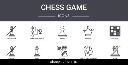 jeu d'échecs concept ligne icônes ensemble. contient des icônes utilisables pour le web, le logo, ui/ux tels que les statistiques de jeu, la couronne, l'évêque, l'attaque, la pensée analytique, le roo Illustration de Vecteur