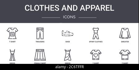 ensemble d'icônes de la ligne concept vêtements et vêtements. contient des icônes utilisables pour le web, le logo, ui/ux comme un pantalon, des vêtements de sport, une robe, une robe, un t-shirt, un t-shirt Illustration de Vecteur