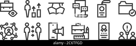 12 ensemble d'icônes linéaires de cv de travail. icônes de contour mince telles que idée, porte-documents, référence, carte d'identité, éducation, carrière pour le web, mobile Illustration de Vecteur