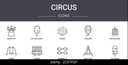 ensemble d'icônes de ligne de concept de cirque. contient des icônes utilisables pour le web, le logo, l'interface utilisateur/ux tels que des bonbons en coton, ballon, balançoire, haltères, chapeau de fête, crème glacée, micro Illustration de Vecteur