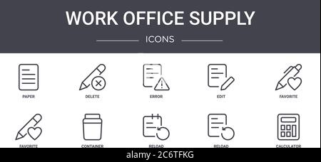 ensemble d'icônes de ligne de concept de fournitures de bureau de travail. contient des icônes utilisables pour le web, le logo, l'interface utilisateur/ux telles que delete, edit, favorite, reload, reload, calculator, favo Illustration de Vecteur