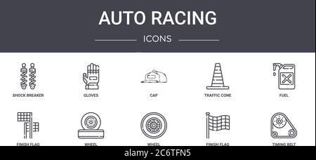 jeu d'icônes de ligne de concept de course automatique. contient des icônes utilisables pour le web, le logo, ui/ux tels que des gants, le cône de circulation, le drapeau de finition, la roue, le drapeau de finition, le timing b Illustration de Vecteur