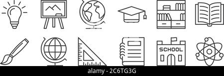 12 icônes linéaires d'éducation. icônes de contour mince comme la science, le carnet, le globe terrestre, la bibliothèque, le globe terrestre, le tableau noir pour le web, mobile Illustration de Vecteur