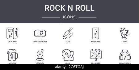 ensemble d'icônes de la ligne de concept rock n roll. contient des icônes utilisables pour le web, le logo, l'interface utilisateur/ux, comme un billet de concert, une application musicale, de l'alcool, du vinyle, un panneau d'affichage, un casque Illustration de Vecteur