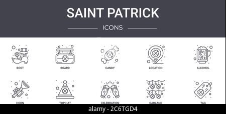 ensemble d'icônes de la ligne concept de saint patrick. contient des icônes utilisables pour le web, le logo, ui/ux tels que le tableau, l'emplacement, la corne, la célébration, la guirlande, tag, alcool, ca Illustration de Vecteur