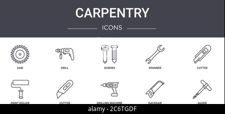 jeu d'icônes de ligne de menuiserie de concept. contient des icônes utilisables pour le web, le logo, ui/ux tels que la perceuse, la clé, le rouleau de peinture, la perceuse, la scie à métaux, la vis sans fin, c Illustration de Vecteur