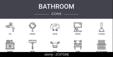 ensemble de lignes de concepts pour salle de bains. contient des icônes utilisables pour le web, le logo, l'interface utilisateur/ux comme le miroir, le miroir, l'armoire, la serviette, la serviette, les cotons-tiges, le piston, la wate Illustration de Vecteur