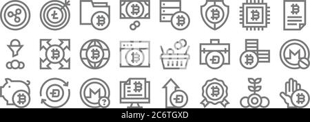 icônes de ligne de crypto-monnaie. set linéaire. ensemble de lignes vectorielles de qualité telles que bitcoin, récompense, bitcoin, épargne, bitcoin, monde, contrat, objectif Illustration de Vecteur