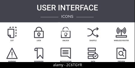 ensemble d'icônes de ligne de concept d'interface utilisateur. contient des icônes utilisables pour le web, le logo, l'interface utilisateur/ux telles que le verrouillage, la lecture aléatoire, l'avertissement, la notification, les données, l'aperçu, les réseaux Illustration de Vecteur