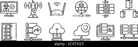 12 ensemble d'icônes de base de données et de serveurs linéaires. icônes de contour mince telles que base de données, cloud, transfert de données, données, routeur wifi, tour pour le web, mobile Illustration de Vecteur