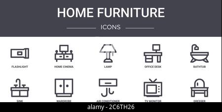 ensemble d'icônes de concept de mobilier de maison. contient des icônes utilisables pour le web, le logo, l'interface utilisateur/ux comme le home cinema, le bureau, l'évier, la climatisation, le moniteur tv, Illustration de Vecteur