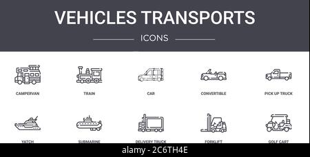 ensemble d'icônes de ligne de concept de transport de véhicules. contient des icônes utilisables pour le web, le logo, l'interface utilisateur/ux comme train, cabriolet, yatch, camion de livraison, chariot élévateur à fourche, go Illustration de Vecteur