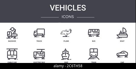 ensemble d'icônes de ligne de concept de véhicules. contient des icônes utilisables pour le web, le logo, l'interface utilisateur/ux comme les camions, bus, téléphérique, navire, train, voiture, bateau, avion Illustration de Vecteur