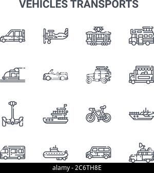 ensemble de 16 icônes de lignes vectorielles de transport de véhicules. icônes 64x64 à trait fin telles que l'avion, le métro, le camion alimentaire, le vélo, le sous-marin, la voiture, la voiture, c Illustration de Vecteur