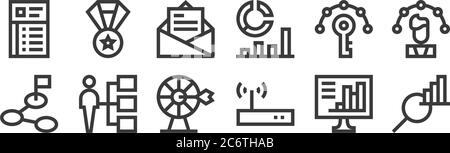 12 ensemble d'icônes de reprise de travail linéaire. icônes de contour mince telles que l'analyse de données, modem, comme, compétences clés, email, médaille pour le web, mobile Illustration de Vecteur