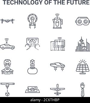 ensemble de 16 technologies de l'avenir concept de lignes vectorielles icônes. icônes 64x64 à traits fins telles que vaisseau spatial, voiture autonome, futuriste, voiture volante, la ville de la ville Illustration de Vecteur