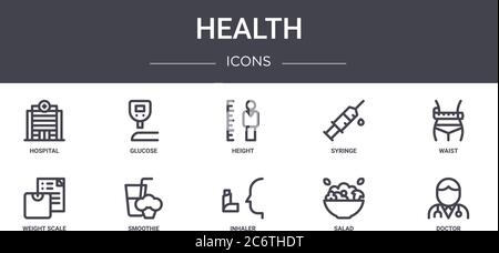 ensemble d'icônes de ligne de concept de santé. contient des icônes utilisables pour le web, le logo, l'interface utilisateur/ux comme le glucose, la seringue, la balance, l'inhalateur, la salade, le médecin, la taille, la hauteur Illustration de Vecteur