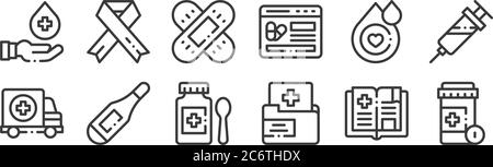 12 ensemble d'icônes de médecine linéaire. icônes de contour mince telles que les pilules, dossier médical, thermomètre, goutte de sang, aide de bande, cancer pour le web, mobile Illustration de Vecteur