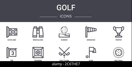 jeu d'icônes de ligne de concept de golf. contient des icônes utilisables pour le web, le logo, l'interface utilisateur/ux tels que des jumelles, une chaussette à vent, un tee, des clubs de golf, un drapeau, une balle de golf, un trophée, un bunker Illustration de Vecteur