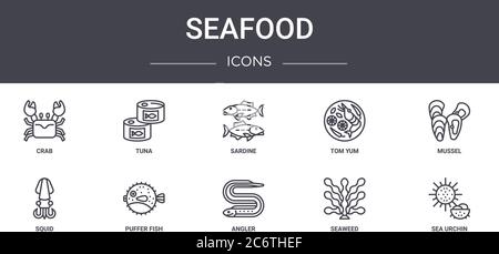 ensemble d'icônes de la ligne de concept des fruits de mer. contient des icônes utilisables pour le web, le logo, l'interface utilisateur/ux comme le thon, tom yum, le calmar, le pêcheur à la ligne, l'algue, l'oursin, la moule, la sardine Illustration de Vecteur