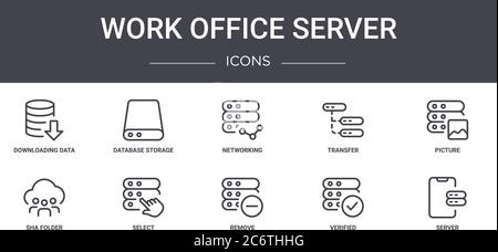 jeu d'icônes de ligne de concept de serveur de bureau de travail. contient des icônes utilisables pour le web, le logo, l'interface utilisateur/ux, telles que le stockage de base de données, le transfert, le dossier sha, la suppression, la vérification Illustration de Vecteur