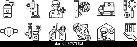 12 ensemble d'icônes de virus linéaires. icônes de contour mince telles que laboratoire, virus, médecine, ambulance, médecin, microscope pour le web, mobile Illustration de Vecteur