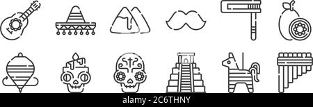 12 ensembles d'icônes linéaires du mexique. icônes minces de contour telles que zampona, chichen itza, bougie, matraca, nachos, chapeau mexicain pour le web, mobile Illustration de Vecteur